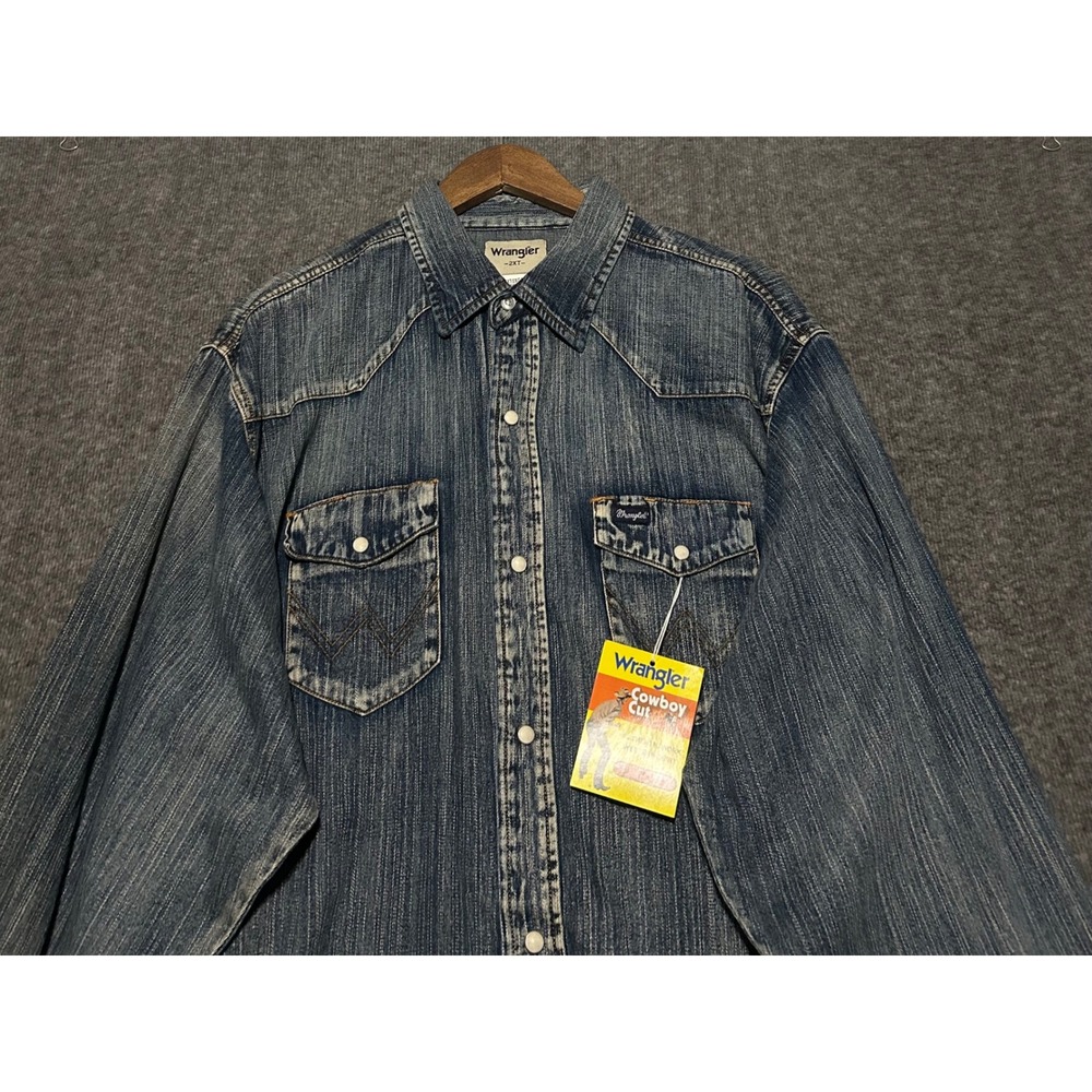 Wrangler denim pearl snap shirt long sleeve cowboy rodeo new size 2XT indigo